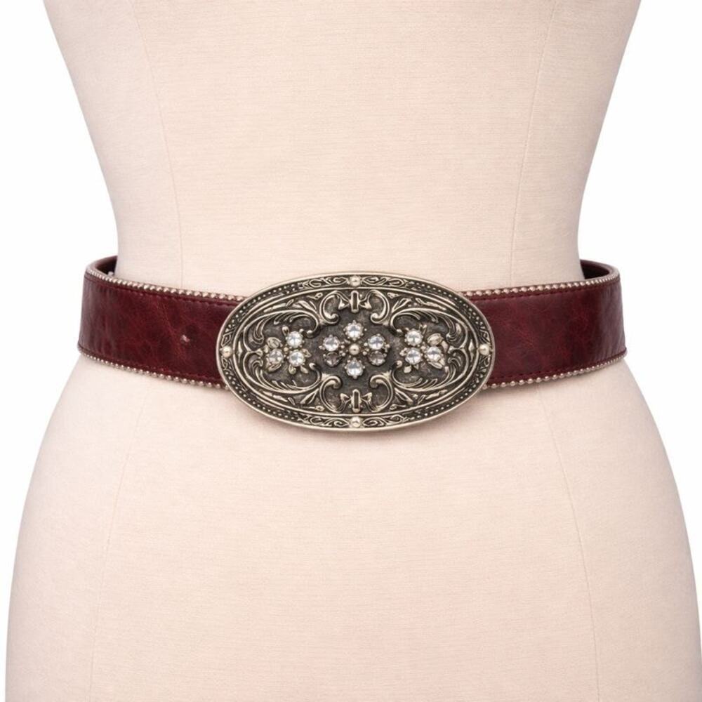 Vintage Burgundy Leather Western Belt w/ Rhinestone Buckle – Women’s M